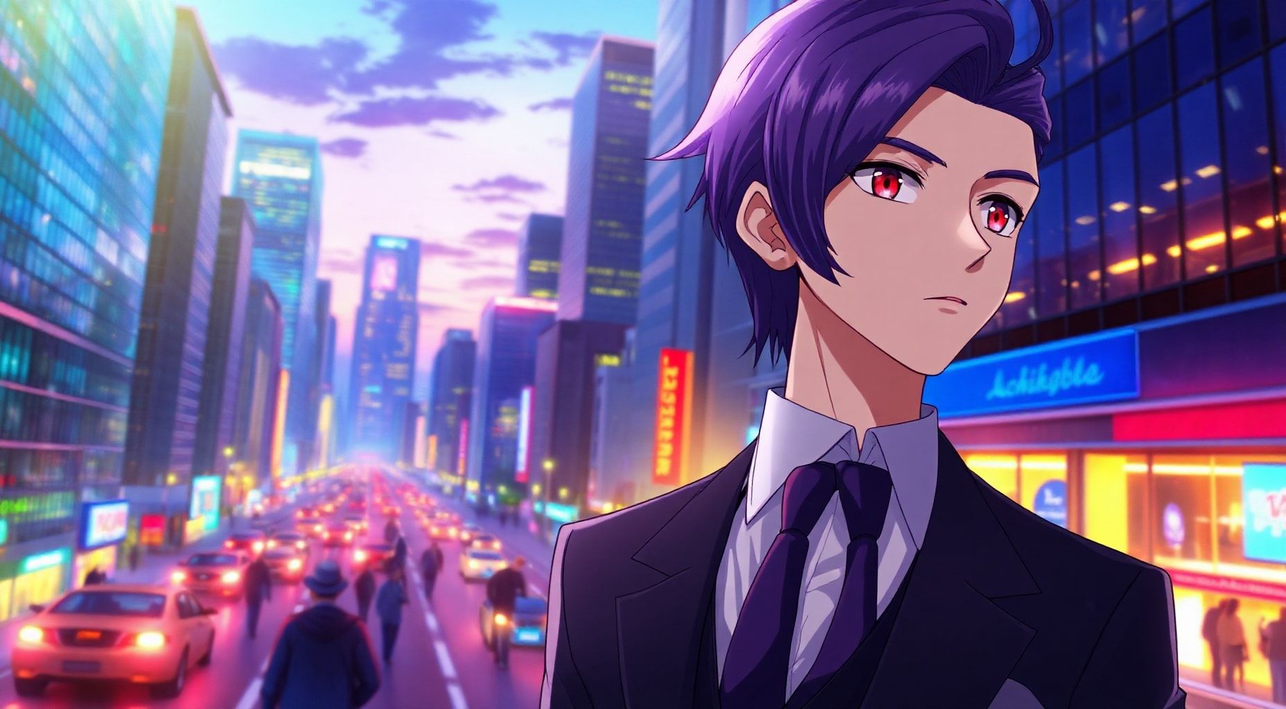 Download 1boy Purple Hair Sideswept Red Eye