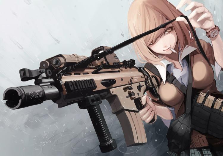 Download beige-haired female carrying rifle