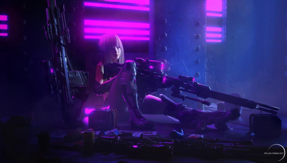 Download cyberpunk artwork sniper rifle