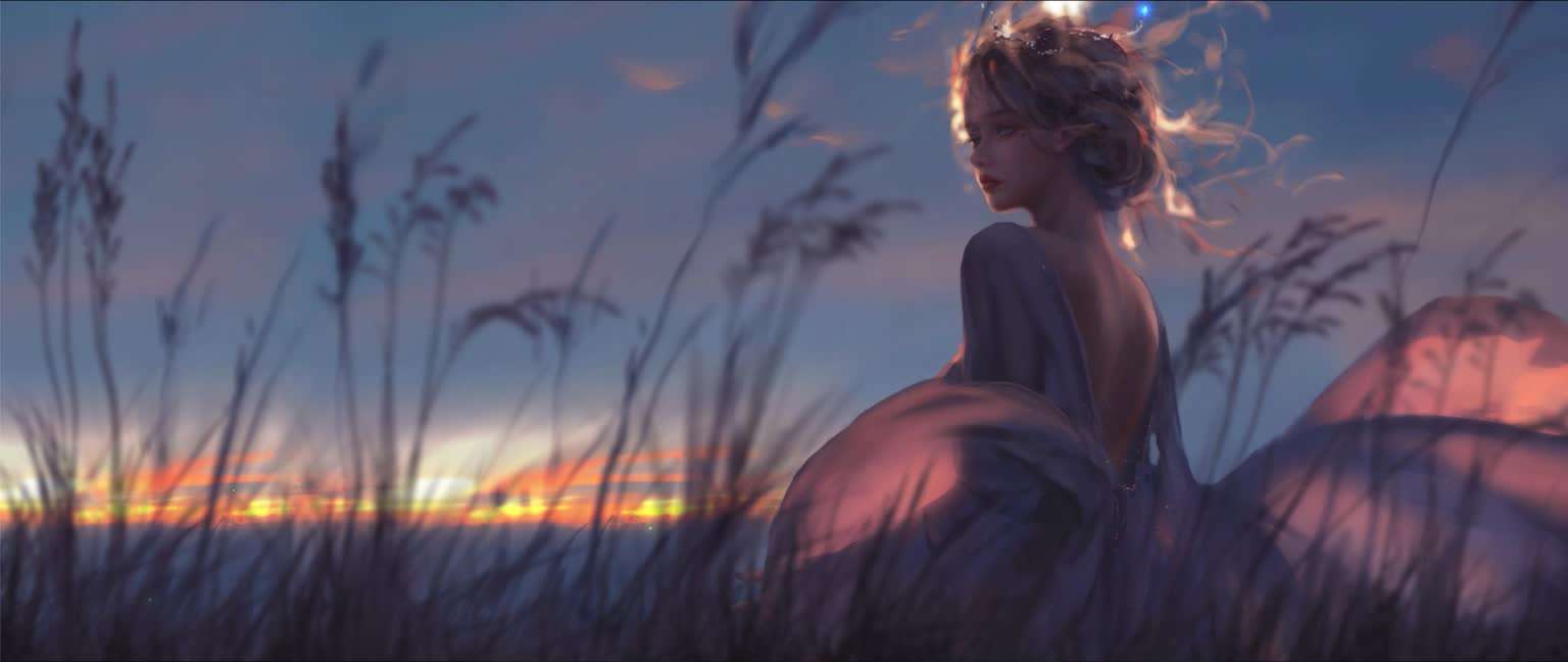 Download Girl And Reed Field At Sunset