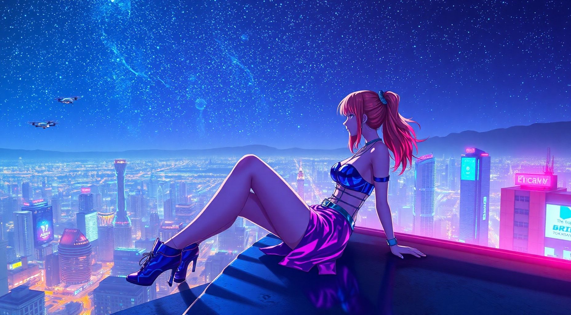 Download A Cyberpunk Woman Sitting On A