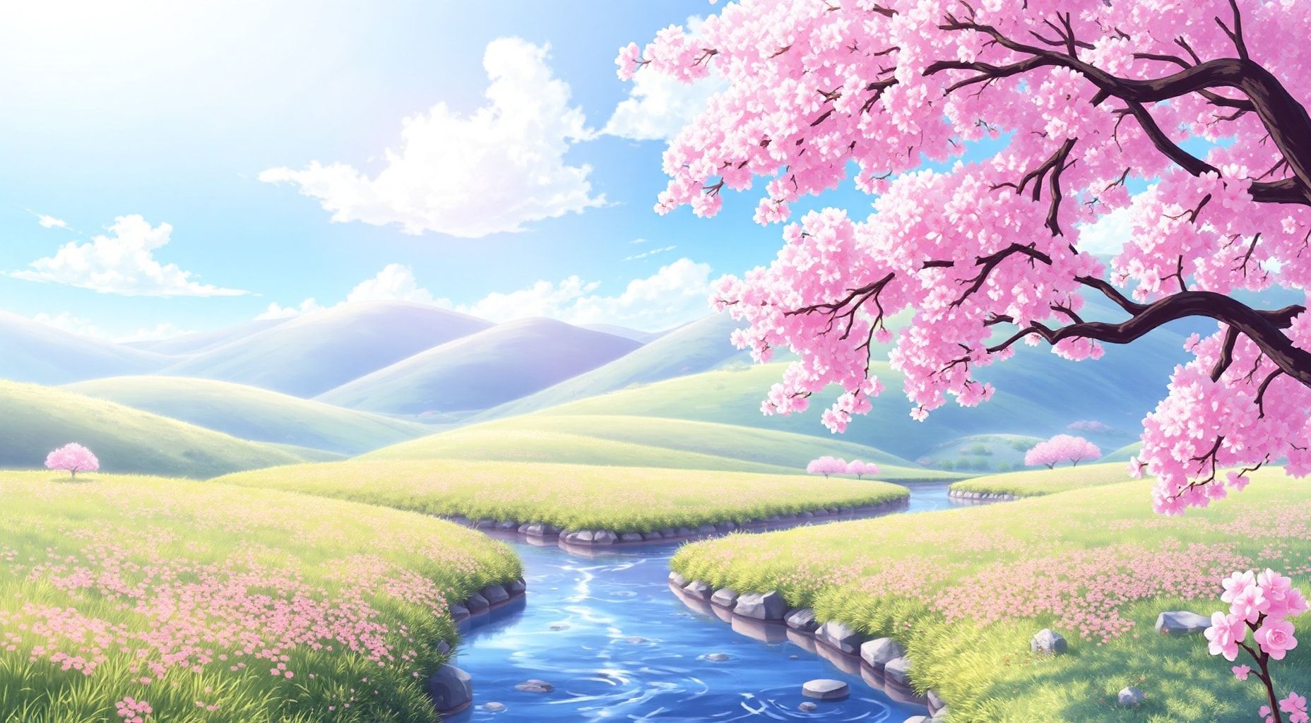 Download A Serene Landscape With Cherry Blossoms