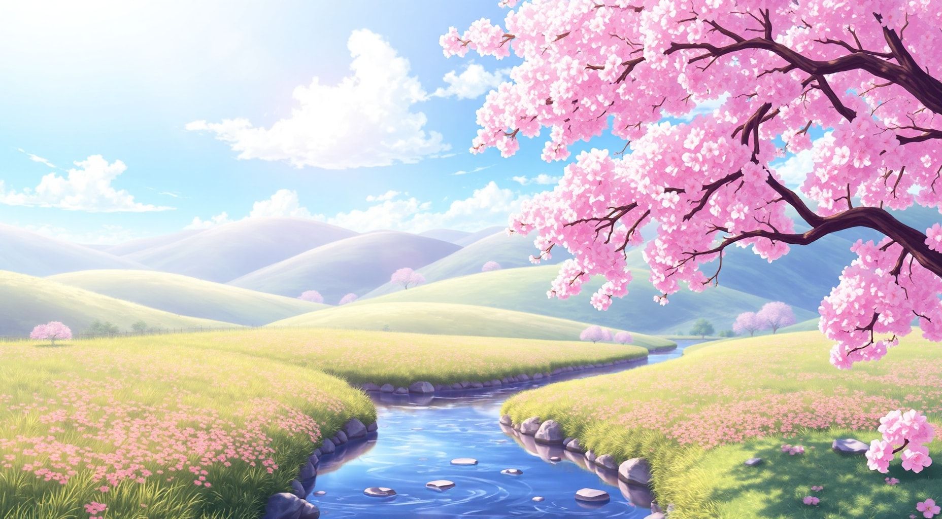 Download A Serene Landscape With Cherry Blossoms