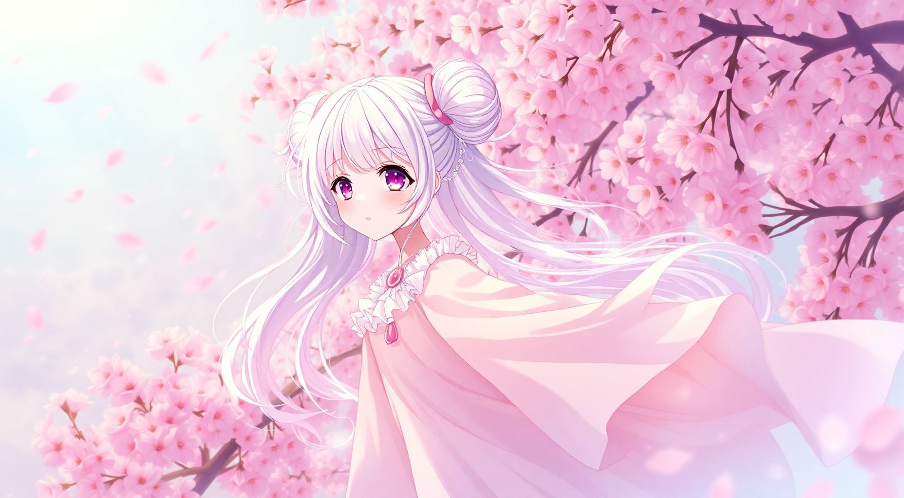 Download Anime Girl White Hair Pink Ends