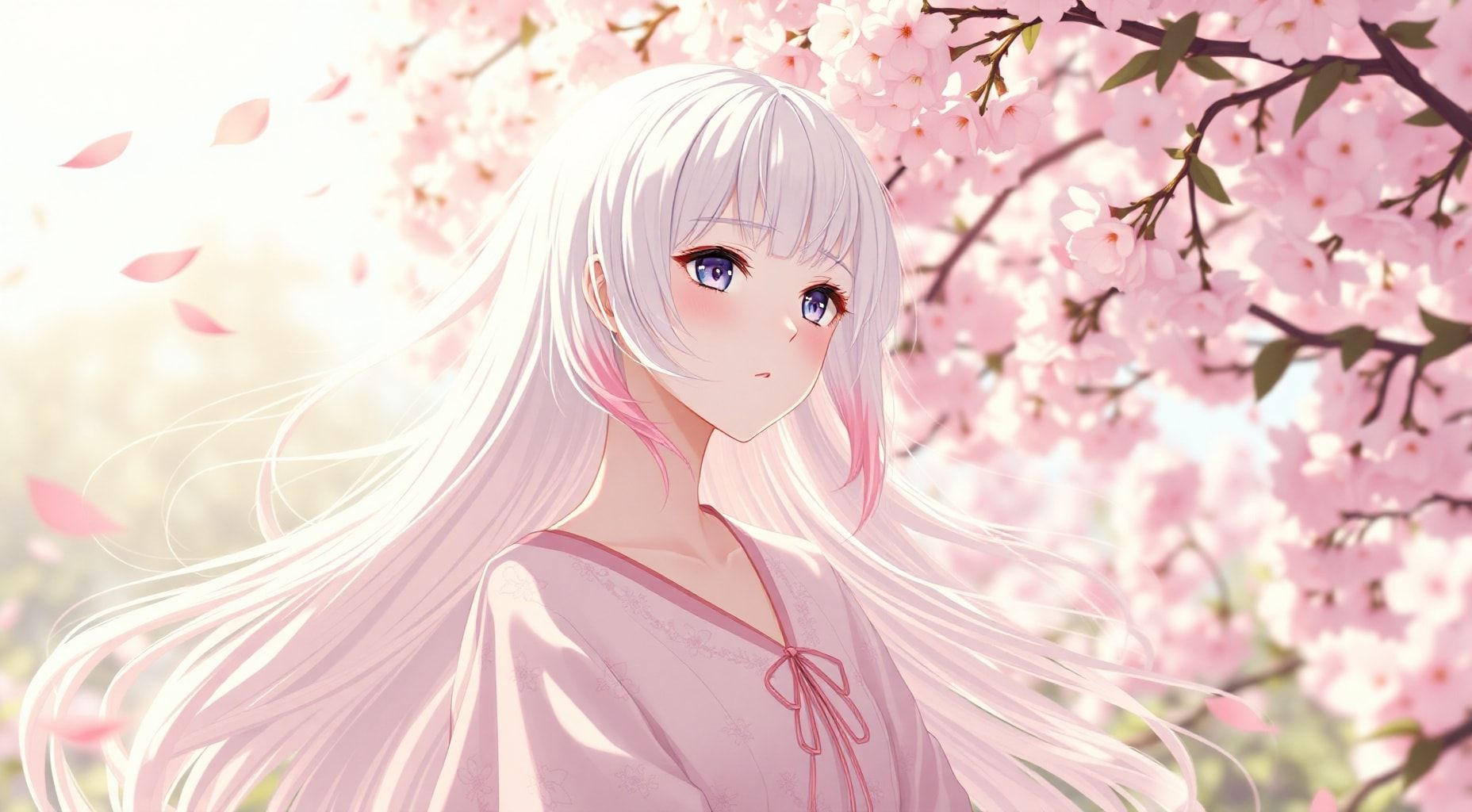 Download Anime Girl White Hair Pink Ends