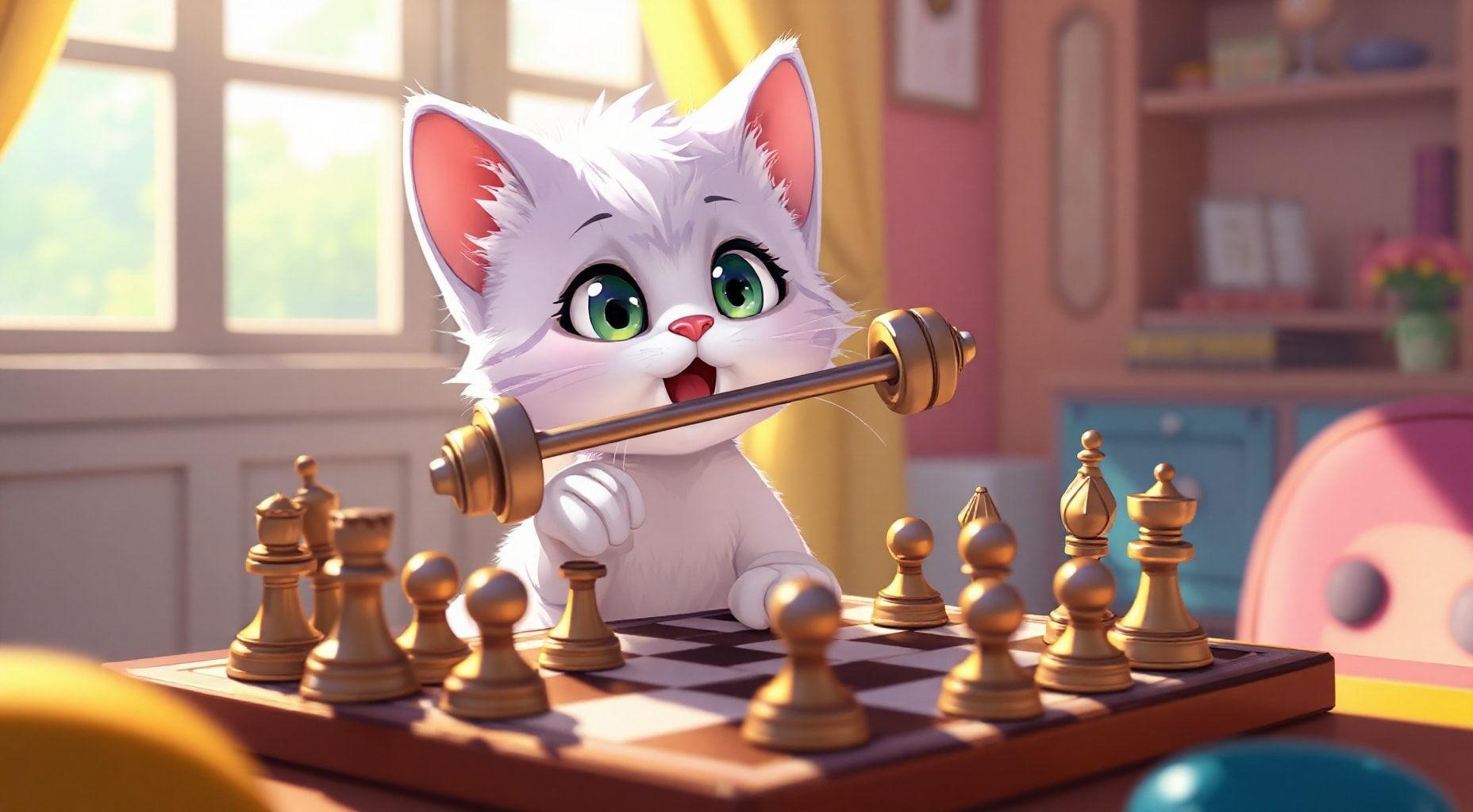 Download Cartoon Kitten Play Chess Holding A