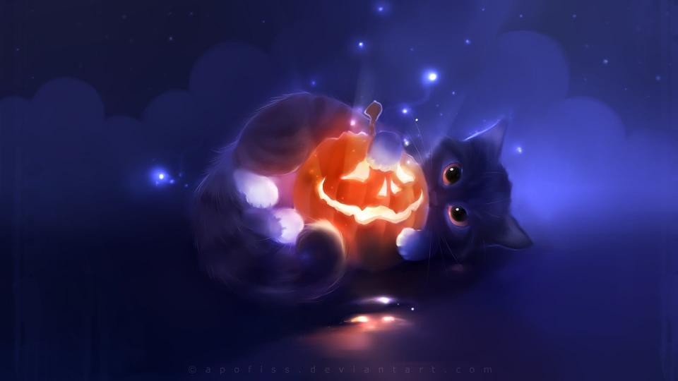 Download cat and Jack-O'-Lantern illustration