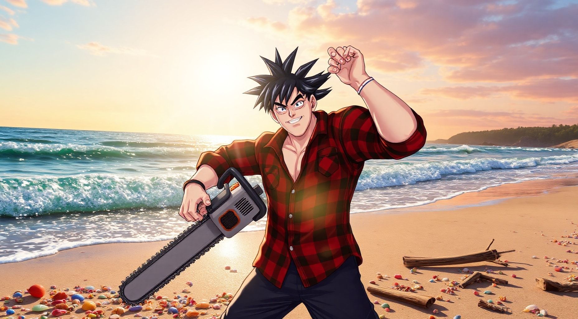 Download Goku Dressed As A Lumberjack Holding