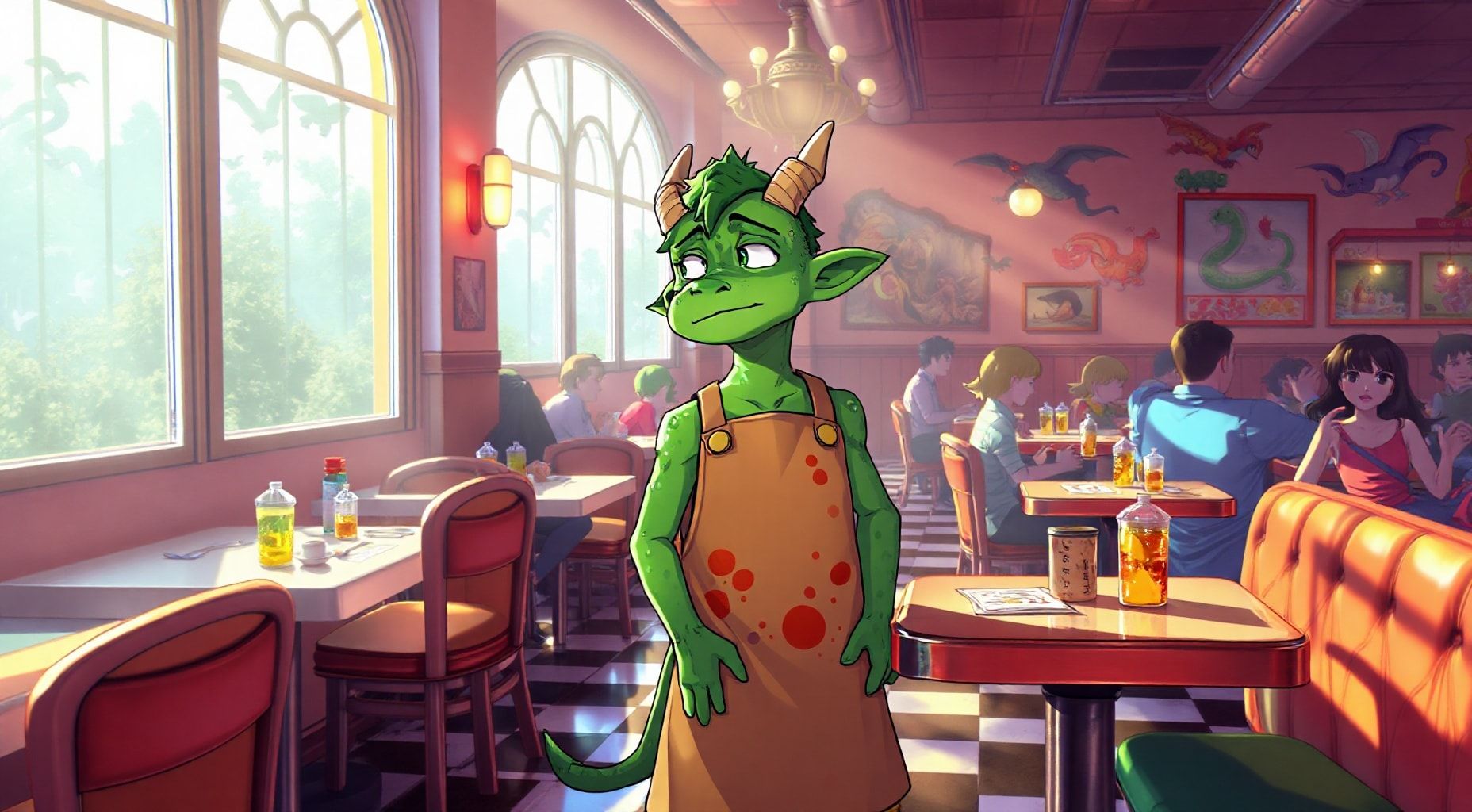 Download Green Bored Dragonborn Kid Bussing Tables