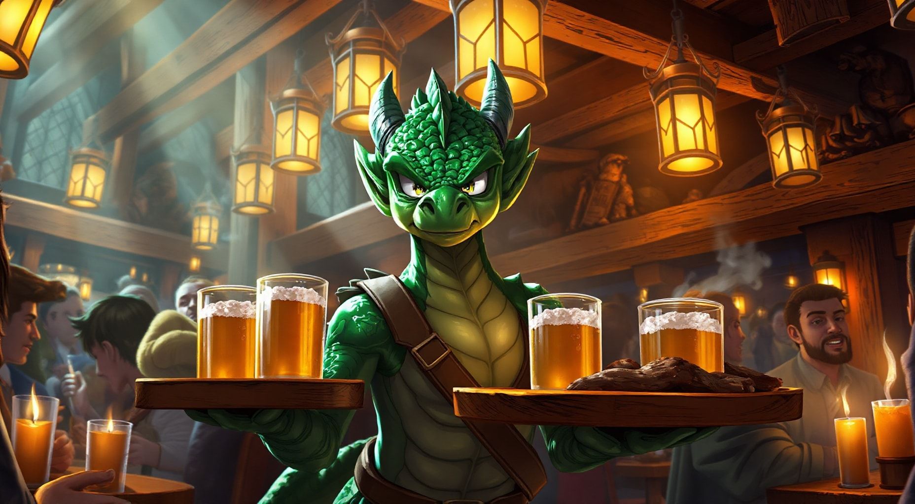 Download Green Scowling Dragonborn Kid Bussing Tables