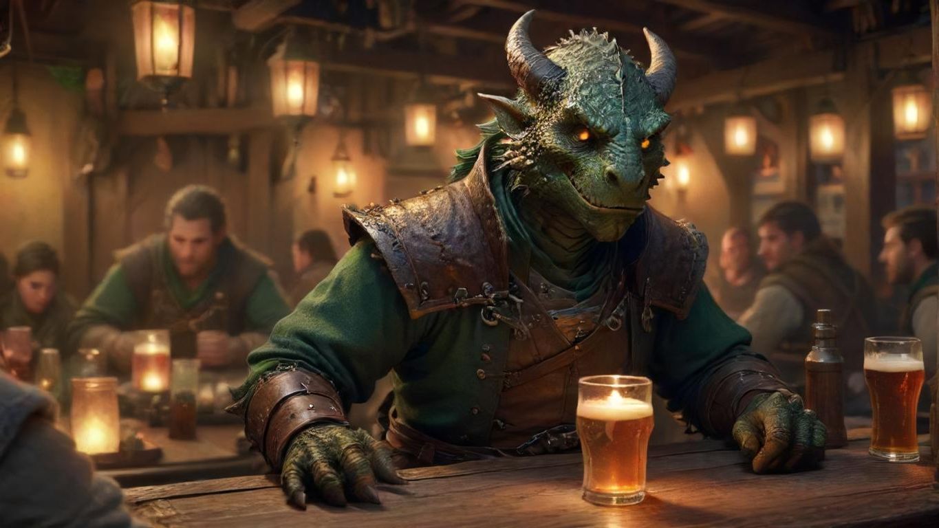 Download Green Scowling Dragonborn Kid Bussing Tables