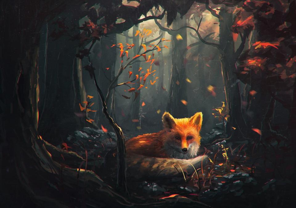 Download fox on forest painting