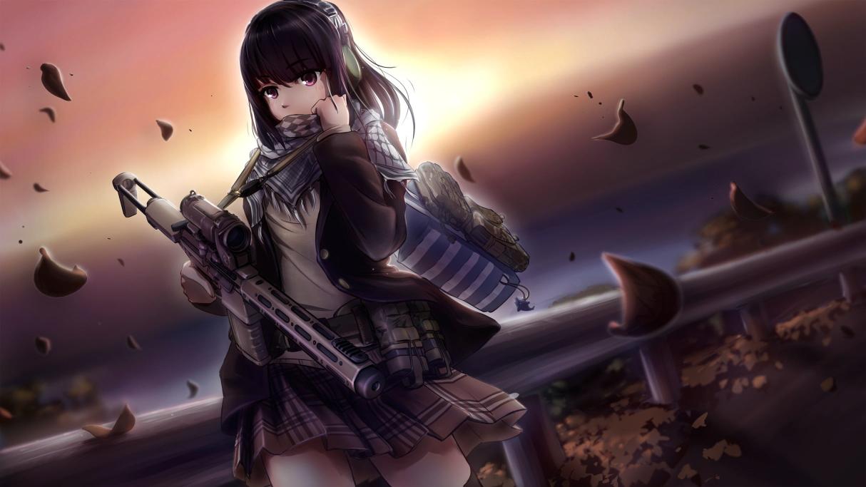 Download woman holding gun anime