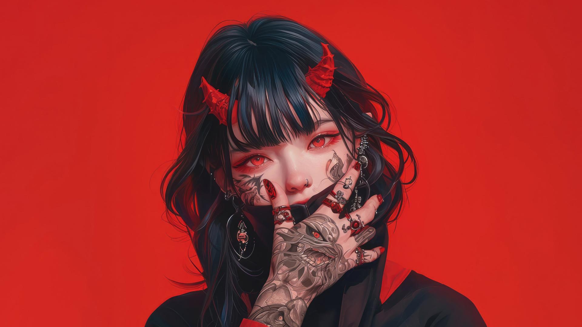 Download Girl Tattoo Red Eyes Demon Horn