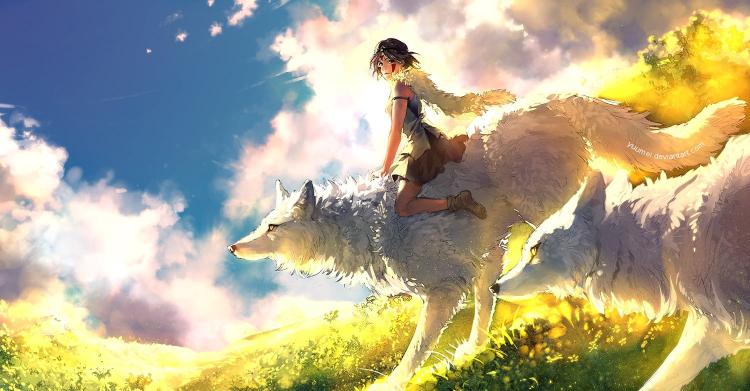 Download girl riding white wolf