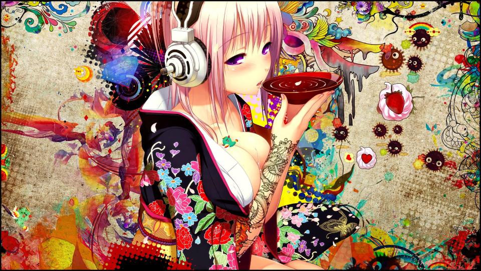 Download anime girls headphones colorful