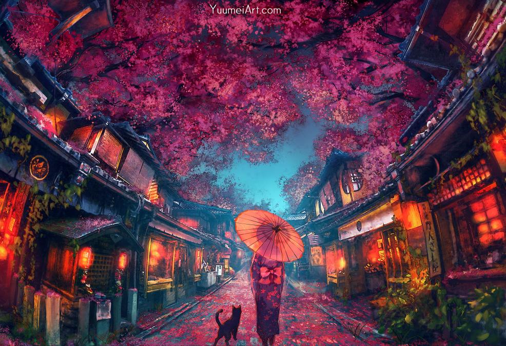 Download Yuumei drawing alleyway umbrella