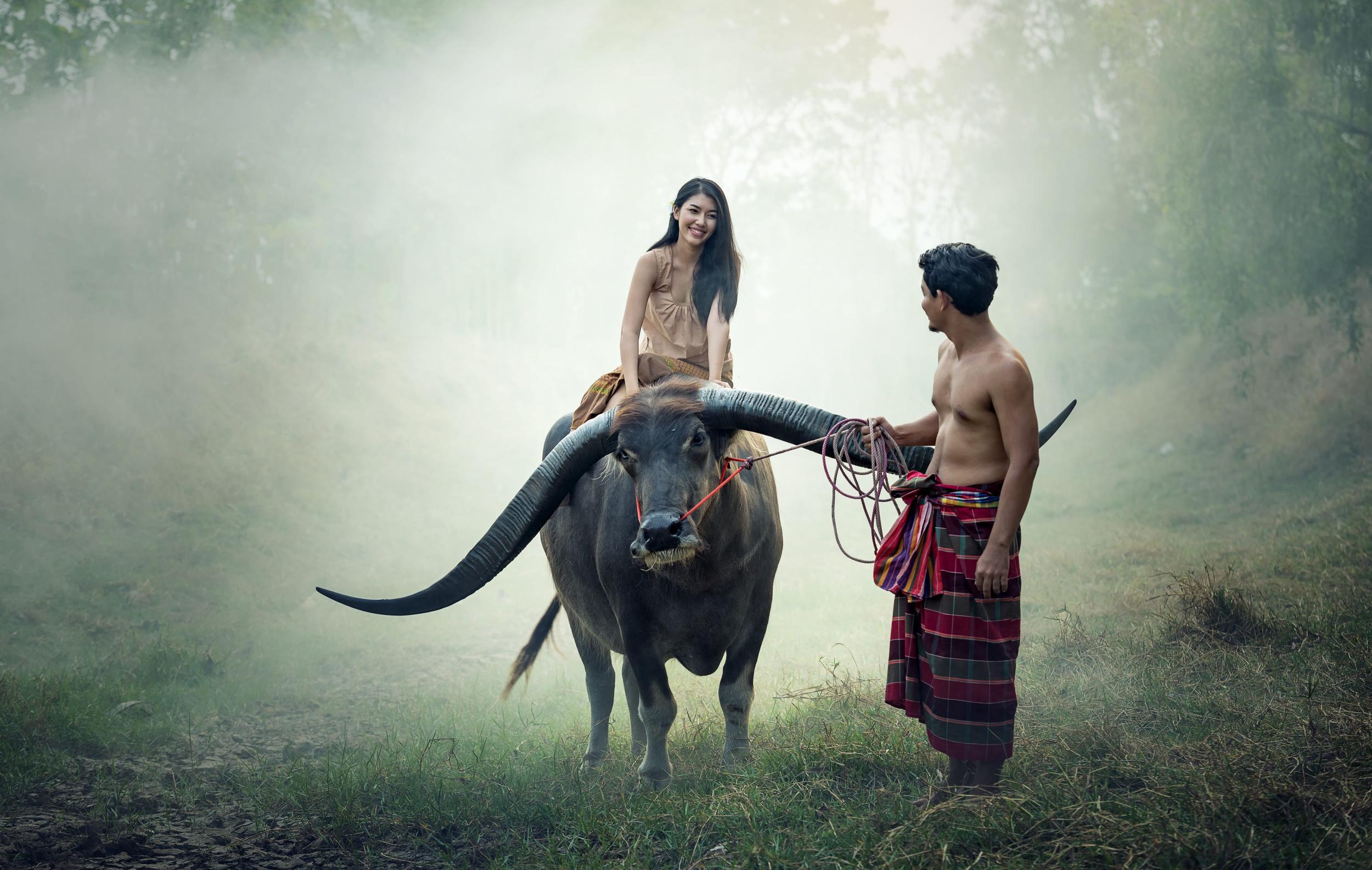 Download woman riding water buffalo